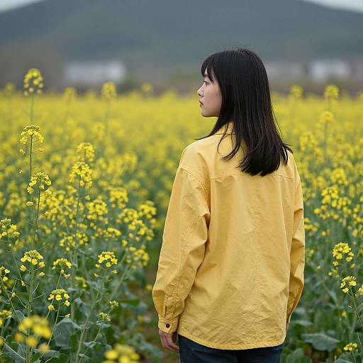 Photograph of an Asian woman with black hair, wearing a yellow shirt, standing in a vibrant yellow wildflower field with mountains in the background, looking