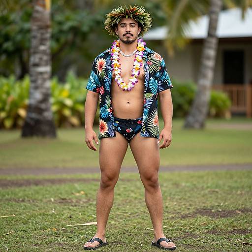 Photograph of a man with spiky hair, floral lei, black tropical shirt, and shorts, standing on grass in a sunny, tropical park.