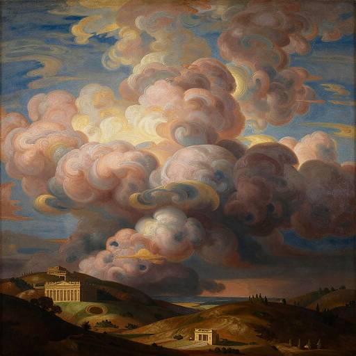 Baroque-style painting of a dramatic, colorful sky with swirling clouds over rolling hills and two distant, small classical buildings.