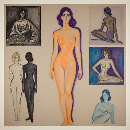 Artistic collage of six nude women sketches: central vibrant orange woman, black-and-white, blue-toned, and pencil-drawn figures, diverse poses