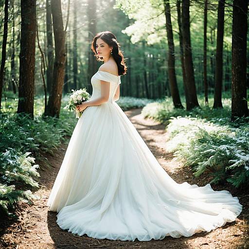 Bride in Off-Shoulder Wedding Dress on Forest Path