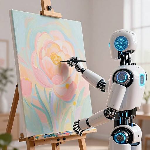 Photograph of a white, blue-accented robot painting a vibrant, abstract floral canvas on an easel in a bright, modern room.