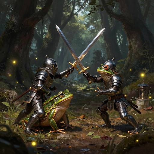 Digital artwork of two armored frog warriors clashing swords in a dark, enchanted forest, surrounded by glowing fireflies and dense foliage.