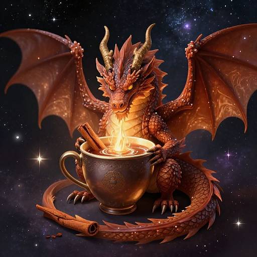 Digital illustration of a red, ornate dragon with glowing eyes and horns, sitting beside a large, enchanted, steaming teacup in a star