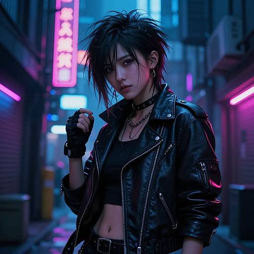 Cyberpunk street scene: androgynous person with spiky black hair, leather jacket, fingerless gloves, black crop top, and ch