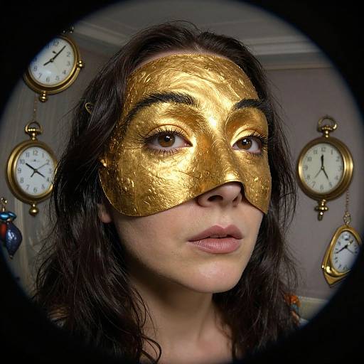 Surreal Woman Wearing Golden Mask with Melting Clocks