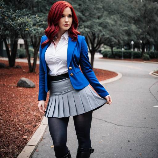 Woman in Blue Blazer and Gray Skirt Outdoors
