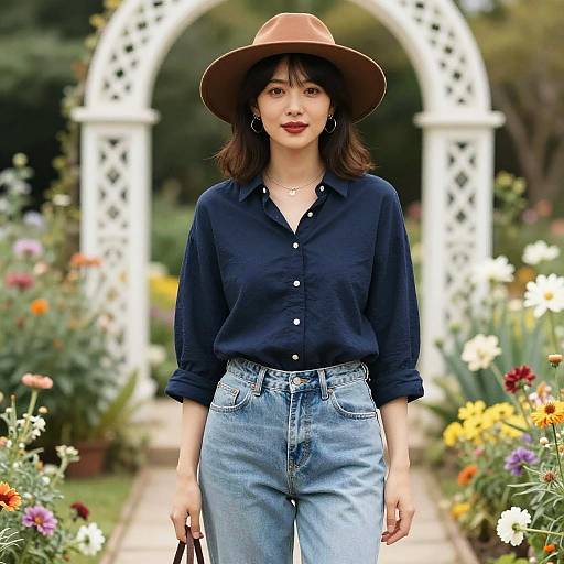 Woman in Casual Bohemian Outfit in Flower Garden