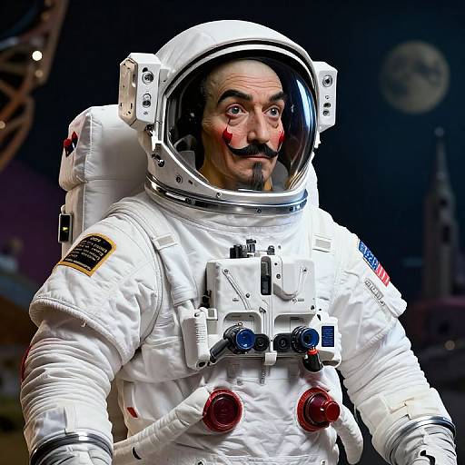Photorealistic digital art of a man with a mustache and red-painted smile, wearing a white astronaut suit with American flag patches, in a