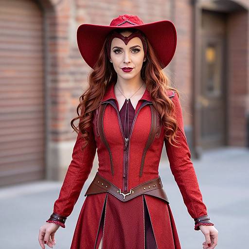 Photograph of a woman with long red hair, wearing a red cowboy hat, red corset dress, and brown belt, standing in a brick alley