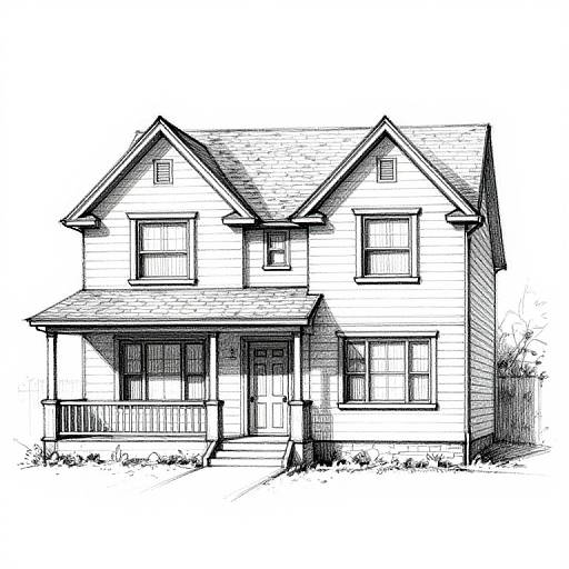 Black-and-white architectural drawing of a two-story house with a gabled roof, front porch, and three windows, showcasing detailed line work.