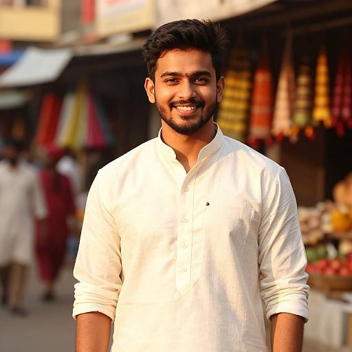 Photograph of a smiling South Asian man with dark hair and beard, wearing a white traditional long-sleeve kurta, standing in a busy market