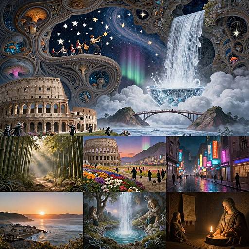 Fantastical collage: Roman columns under starry night, aurora-lit waterfall, neon city, bamboo forest, sunset over ocean, serene waterfall