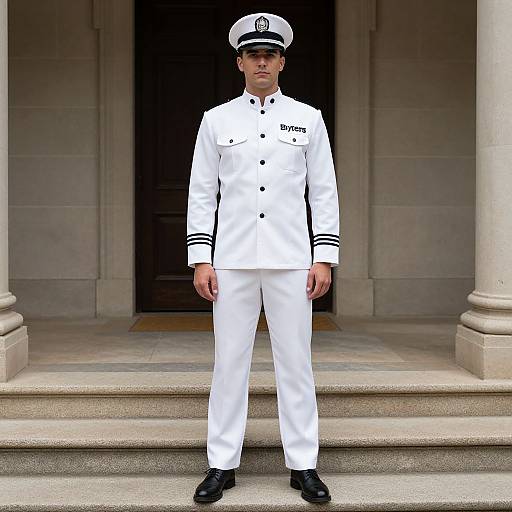 Photograph of a young, white male naval officer in a crisp white uniform and cap, standing on stone steps before a large, dark doorway.