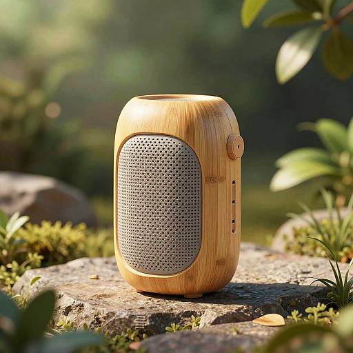 Photograph of a light wooden, round Bluetooth speaker with a gray mesh grille, placed on a sunlit mossy rock in a lush, green forest