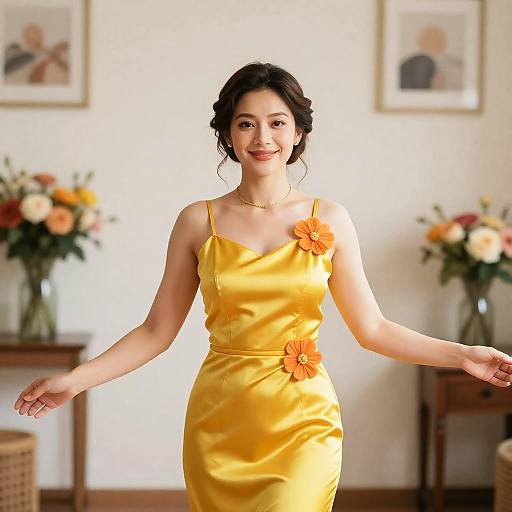 Woman in Yellow Satin Dress with Floral Accents