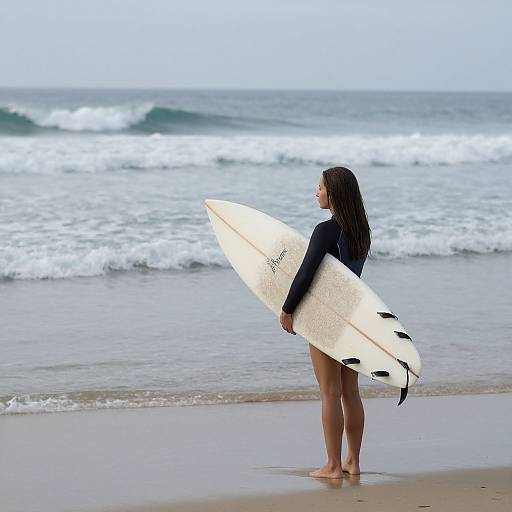 Photograph of a woman with wet brown hair, wearing a black wetsuit, standing on a beach, holding a white surfboard with black fins