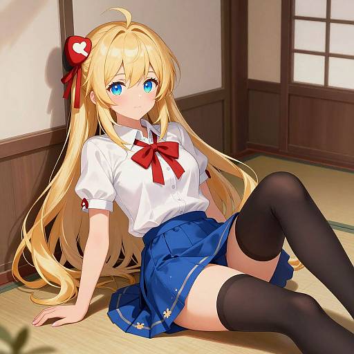 Anime-style drawing of a blonde girl with blue eyes, wearing a white blouse, red bow, blue skirt, and black thigh-high stockings, sitting on