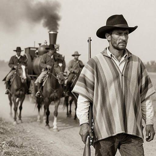 Rugged Cowboy Leading a Mounted Crew