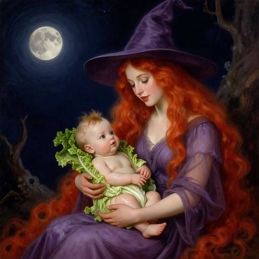 Witch Holding Baby Wrapped in Lettuce under Full Moon