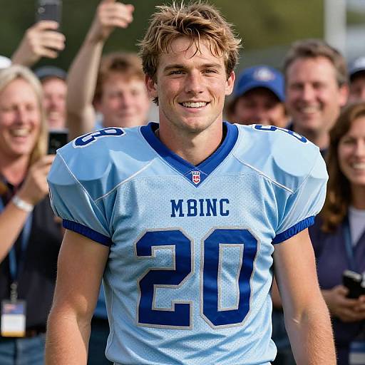 Photograph of smiling young male football player in light blue 