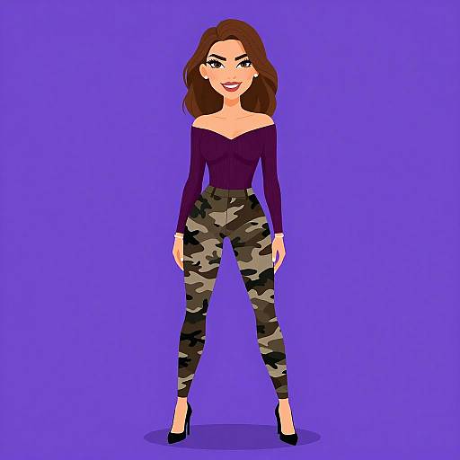 Digital illustration of a smiling woman with wavy brown hair, wearing a purple off-shoulder top and camouflage leggings, standing on a purple background with