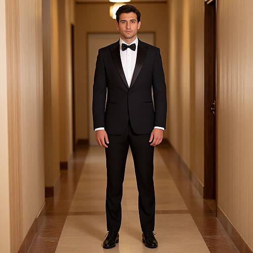 Photograph of a young man with short black hair, wearing a black tuxedo, white shirt, black bow tie, and black shoes, standing