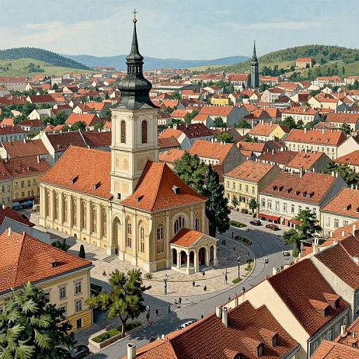 Aerial photograph of a European town with a central beige church featuring a black spire, surrounded by red-tiled roofs, green hills, and scattered