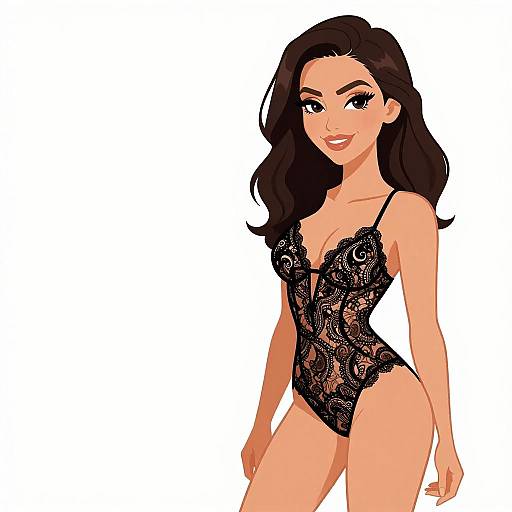 Digital illustration of a smiling woman with long dark hair, wearing a black lace lingerie bodysuit, standing against a white background.