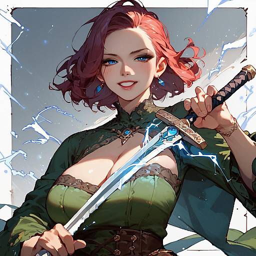 Confident Anime Woman Holding Electric Sword