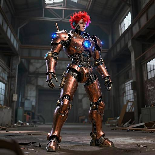 Steampunk Robot Acrobat in Industrial Warehouse