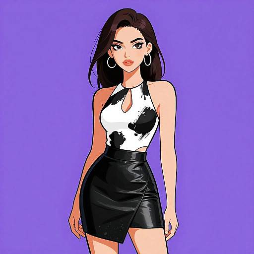 Digital anime-style drawing of a confident woman with long black hair, wearing a white and black halter top, black leather mini skirt, and large hoop