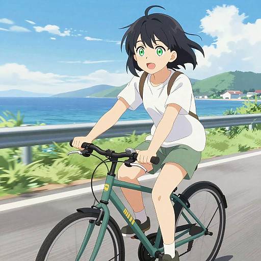 Anime Girl Cycling by Seaside