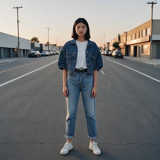 Young Woman in Casual Denim Outfit on Street
