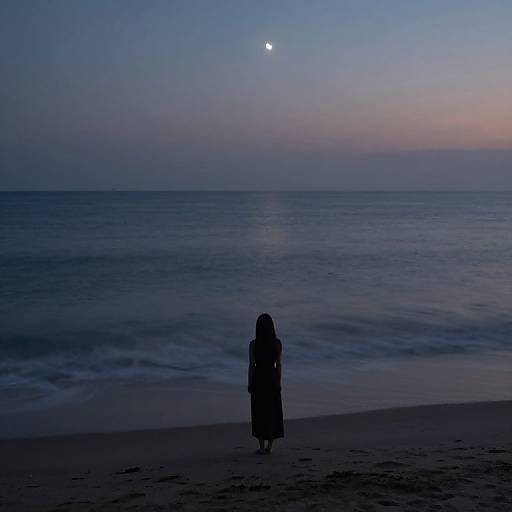 Silhouetted person standing on a dark beach at twilight, gazing at a moonlit sky and calm ocean. Photographic image.