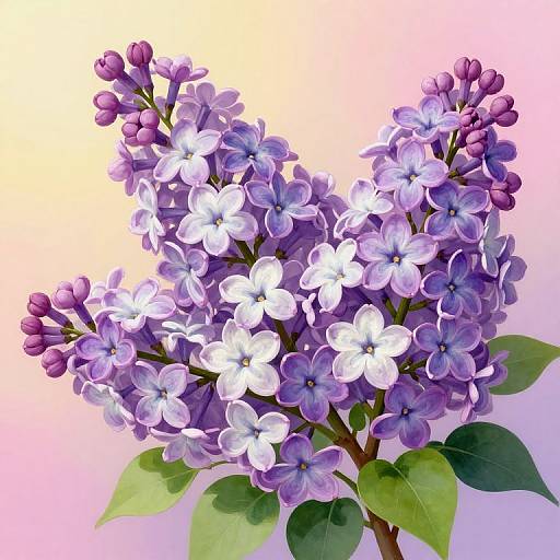 Digital illustration of a vibrant lilac cluster with white and purple flowers, green leaves, and a gradient pink and yellow background.