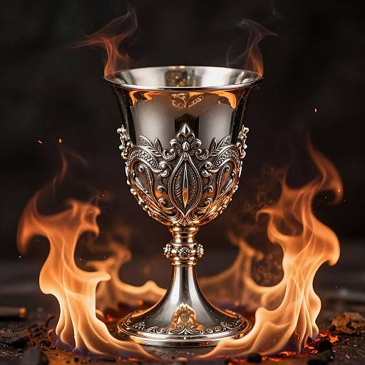 Photograph of an ornate silver chalice with intricate floral patterns, surrounded by bright orange flames, set against a dark background.