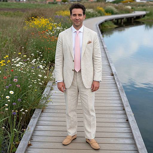 Photograph of a smiling man in a white suit, pink tie, and tan shoes, standing on a wooden boardwalk by a serene river with colorful