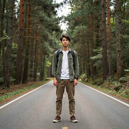 Young Man Standing on Forest Road