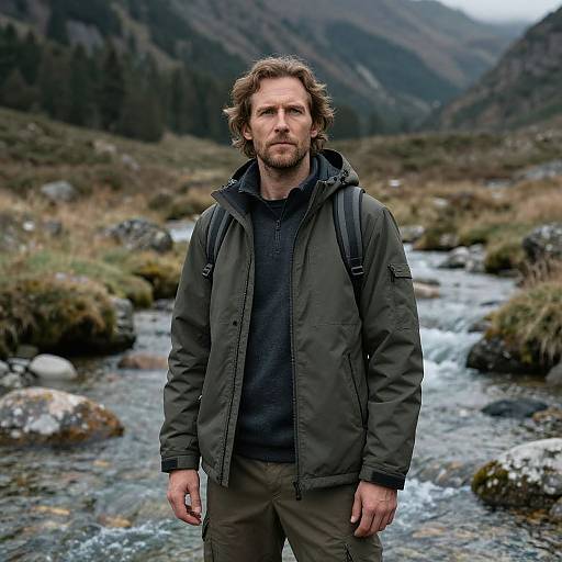 Photograph of a rugged, bearded man with wavy brown hair, wearing a green jacket and black shirt, standing in a rocky, mountainous