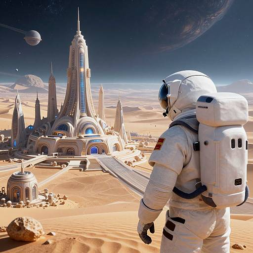 CGI image of an astronaut in a white spacesuit standing in a sandy desert, gazing at a futuristic, towering cityscape with sleek skyscrap