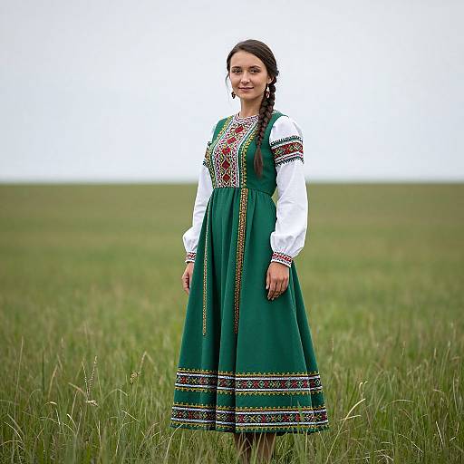 Photograph of a young woman with long brown hair in a braid, wearing a green traditional dress with white sleeves and colorful embroidery, standing in a