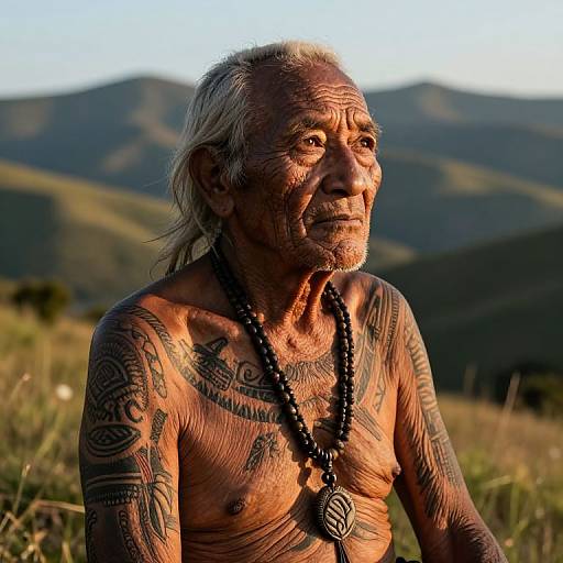 Photograph of an elderly, tattooed, shirtless Indigenous man with gray hair, wearing a black bead necklace, looking thoughtfully at mountains in the