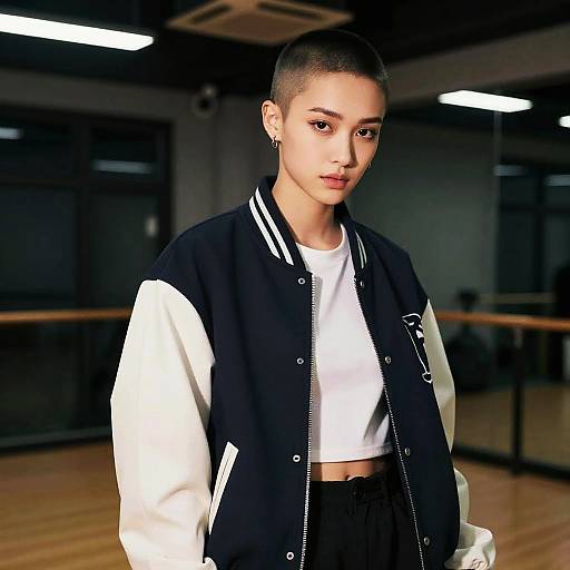 Photograph of a young woman with a shaved head, wearing a black and white varsity jacket over a white crop top and black pants, standing in