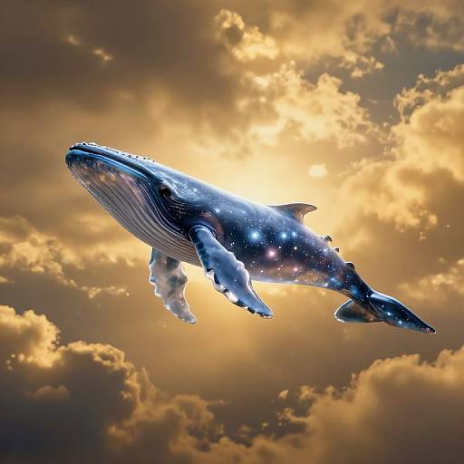 Photograph of a majestic, glowing blue whale with star-like patterns flying through a dramatic, golden sunset sky with clouds.