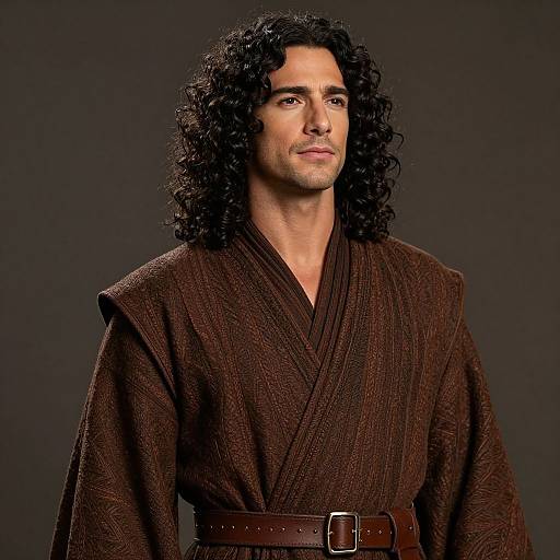Photograph of a man with long, curly black hair, wearing a brown, textured robe with a belt, against a dark background.