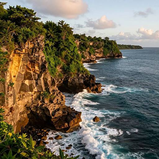 Photograph of a rocky, forested coastline with crashing waves, vibrant green foliage, and a partly cloudy sky, capturing natural beauty.