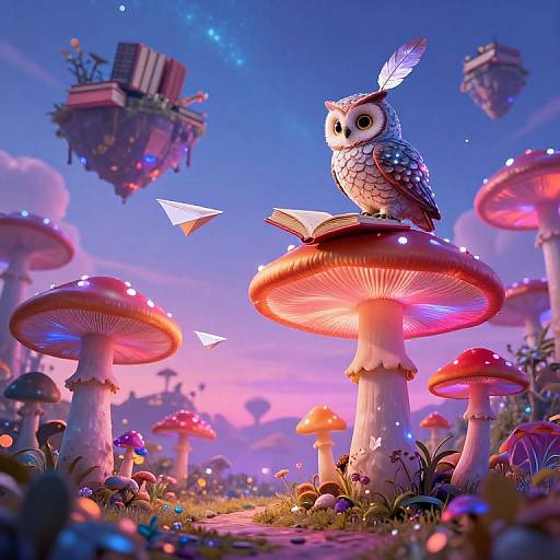 CGI fantasy scene: Vibrant, glowing mushrooms, owl with feathered wings reading on top, floating paper planes, floating bookshelves, twilight