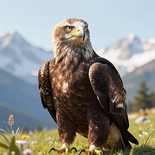 Photograph of a majestic, brown-and-white-feathered eagle with piercing yellow eyes, standing on green grass with blurred mountain and sky background.