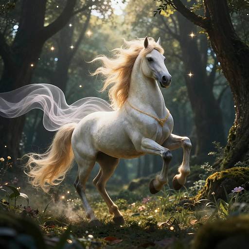 Digital artwork of a majestic, white, mane-flowing horse with glowing mane and tail, adorned with a gold necklace, galloping in a sun